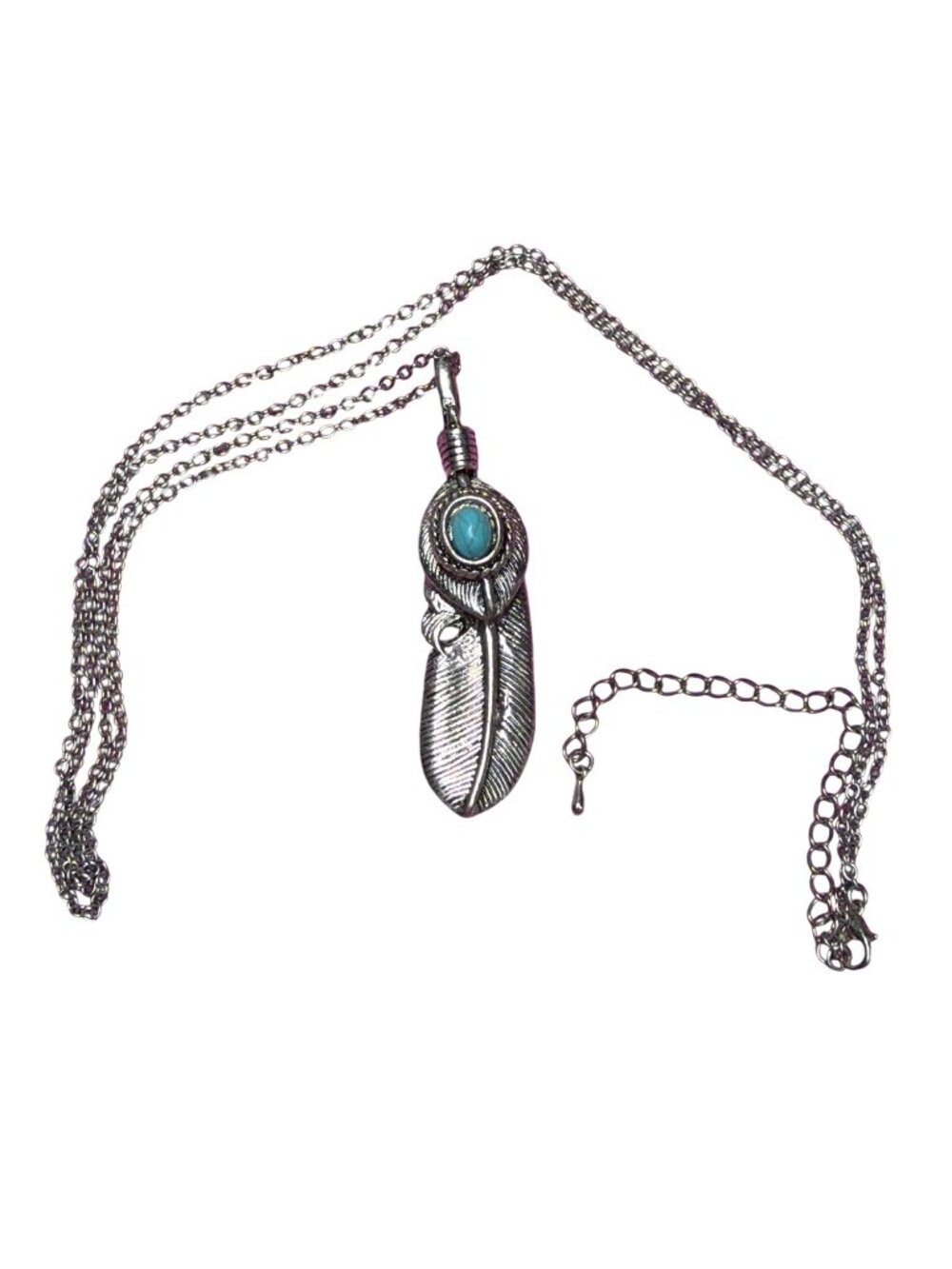 Stainless Steel Feather Pendant Necklace Faux Turquoise Cabochon Biker 35.5"
